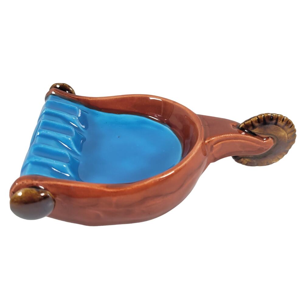 Spur Ashtray with Handle, Mid-Century Modern Farmhouse Vintage Blue and Brown